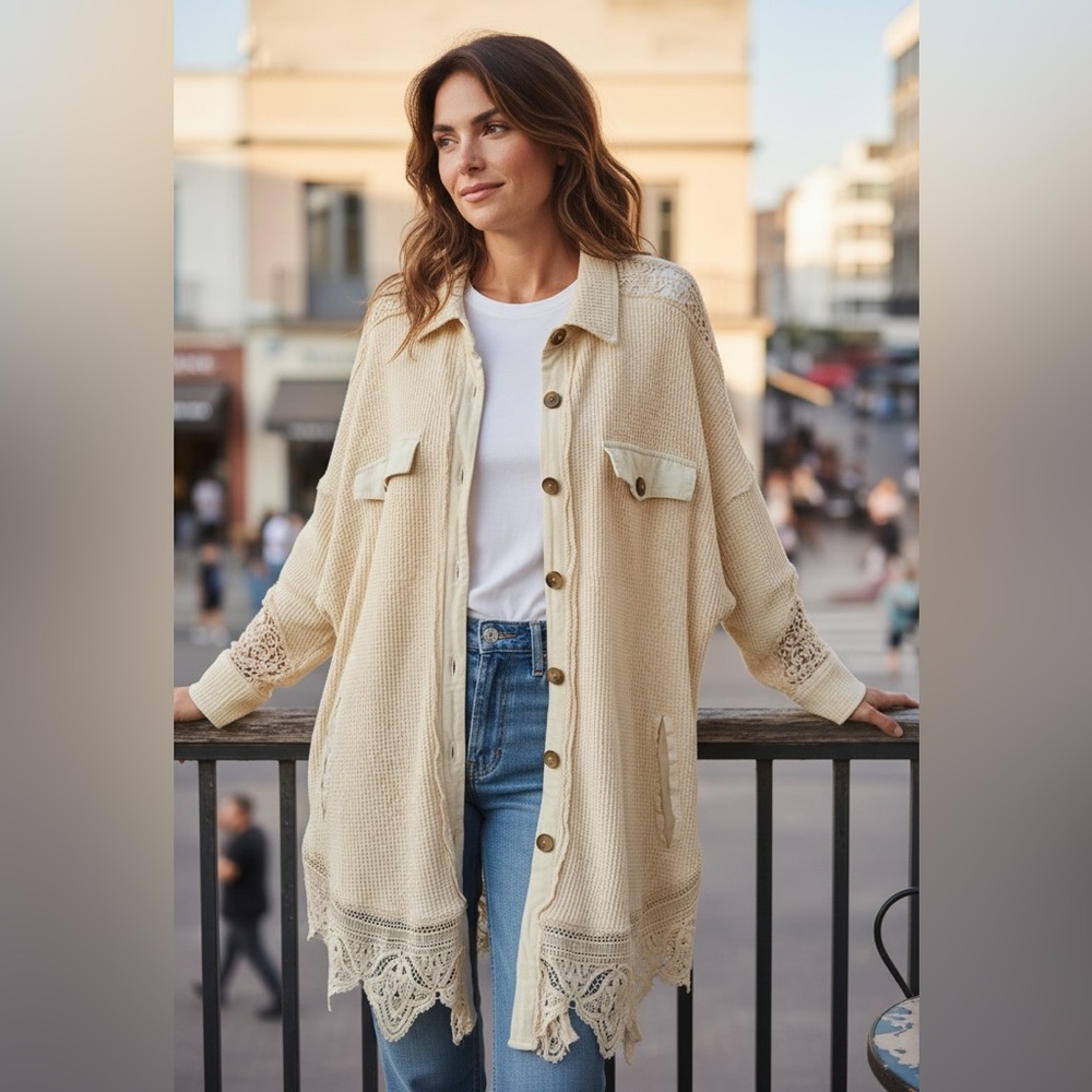 Artistic works by Lu Casual oversized Cardigan Sweater Lace trimmed